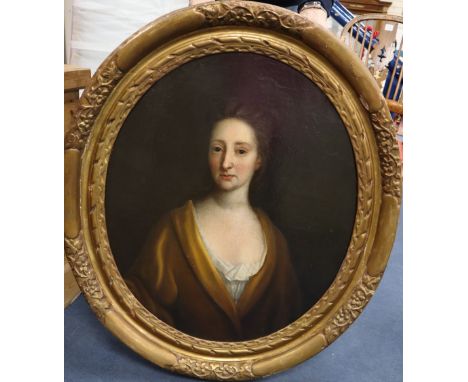 18th century English School, oil on canvas, Portrait of a woman wearing a brown dress, 74 x 61cm