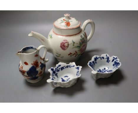 A Bow teapot and cover, two Worcester geranium moulded butterboats and a Lowestoft sparrow beak jug, jug 12cm