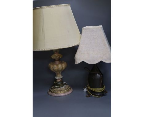 A painted and gilded wood table lamp, 41cm and a toleware flask table lamp