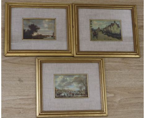 Rubino Cornici of Naples, three printed silk reproductions of Old Master paintings, 10 x 14cm