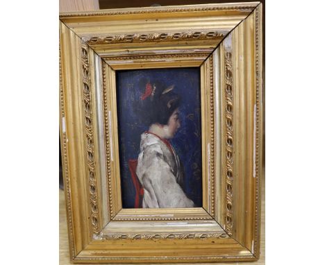 F. Scarbin, oil on wooden panel, Profile portrait of a Japanese woman, signed, 16 x 9cm