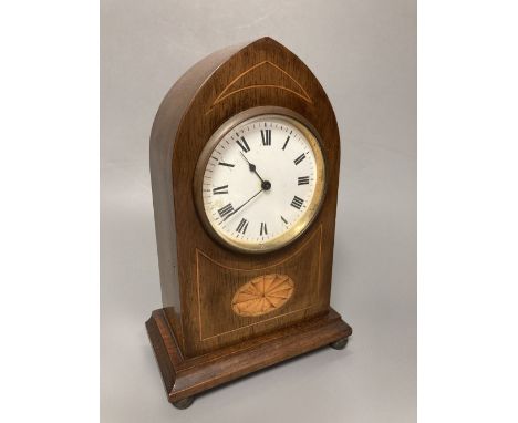 An Edwardian shell inlaid domed top mahogany mantel clock, height 23cm