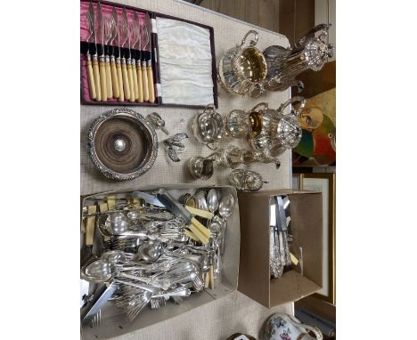 A Victorian silver plated four piece tea set, assorted plated flatware,etc.