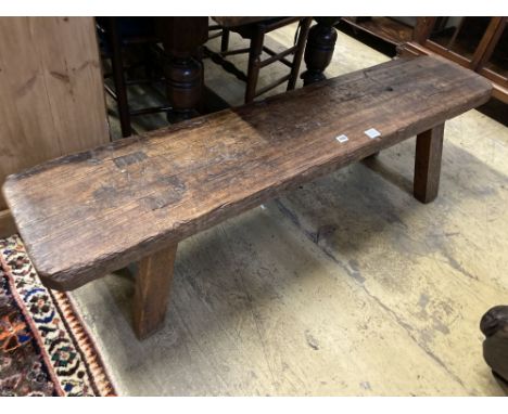 An antique pine bench, width 160cm depth 33cm height 42cm