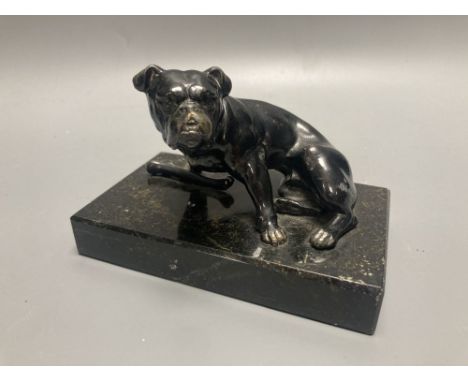 A patinated spelter model of a bulldog, length 13cm height 8.5cm