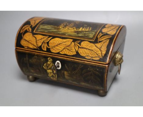 A Regency pen work and chinoiserie sewing box, with lion-mask ring handles, 18cm