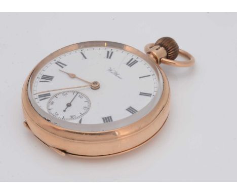 A c1920s 9ct gold open faced pocket watch by Waltham, 48.7mm, white enamel dial, with lift out dust cover, appears to run, nu