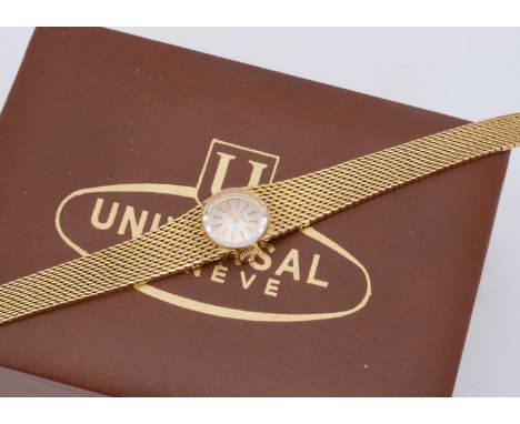 A c1960s Universal manual wind 14ct gold lady's wristwatch, 15mm at its widest case on integrated mesh bracelet, 33.2g, overa