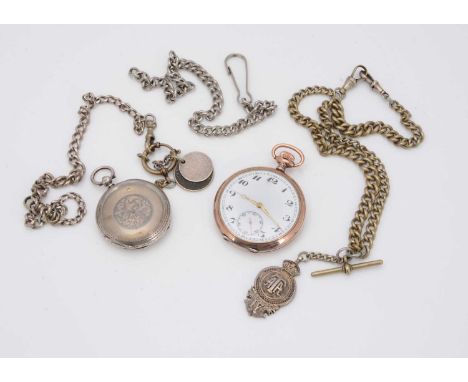 Two silver pocket watches, one with gold applied rims, together with a silver watch chain, a silver plated example with a sil