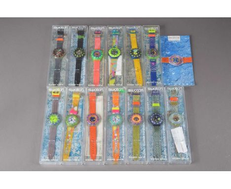 A set of thirteen 1990s Swatch quartz Scuba 200 wristwatches, each with box and loose battery and a leaflet for the Collectio