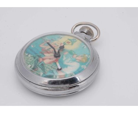 A 1950s British automaton novelty nickel plated pocket watch, 50mm, appears to run, with naughty scene of a young couple drin