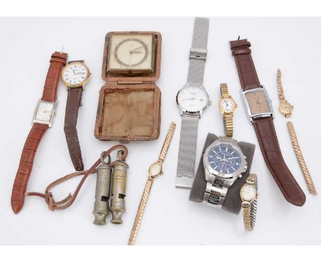 A mixed lot of watches and other items, including a small 9ct gold cased lady's watch, a boxed watch marked Bulova, and more,