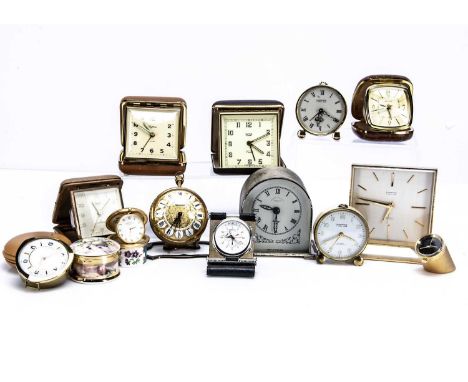 A collection of timepieces, including a Royal Worcester porcelain box with clock, AF, a large Ernest Borel pocket watch on st