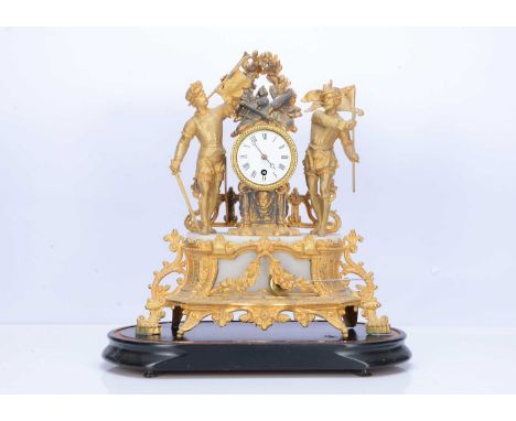 A late 19th century French gilt spelter and alabaster mantle clock, 42cm, with pendulum and wooden base (3)