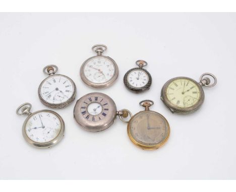 Seven pocket watches, the smallest with niello enamelled chequered decoration, 34mm, a gold plated example, AF, two silver po