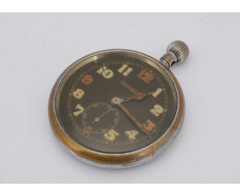 A WWII Jaeger LeCoultre Military issue open faced pocket watch, AF, 51.5mm, marked to reverse, movement not inspected and app