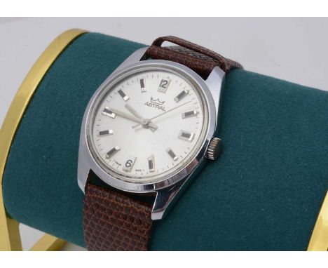 A c1970s Astral manual wind stainless steel wristwatch, AF, 34mm case, silvered dial with batons, not currently running and s