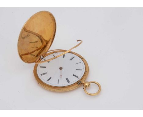 A c1930s LeCoultre gold full hunter pocket watch, AF, 44mm, 42.7g, engine turned outer covers, damaged glass ring, appears to