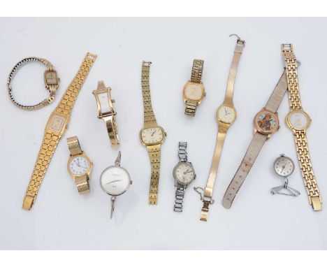 A group of lady's watches, AF, including a Cord spherical glass nurse style fob watch, another novelty example marked Davy Cr