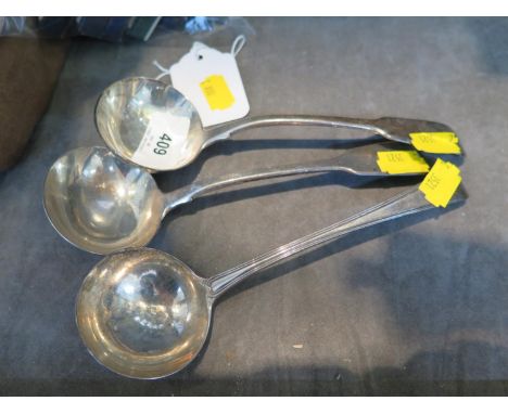 A pair of George IV sterling silver fiddle pattern sauce ladles, London 1829, and a single Old English reeded pattern sauce l
