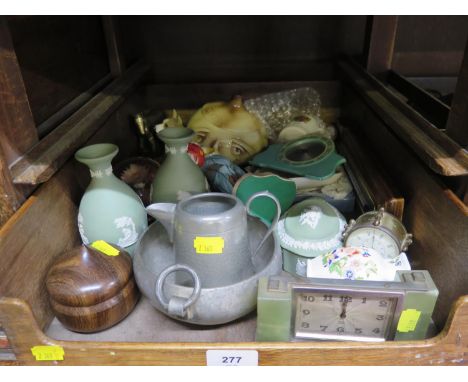 A Wedgwood green jasperware box and vases, pewter jug and sugar bowl, onyx table clock and other ornaments 