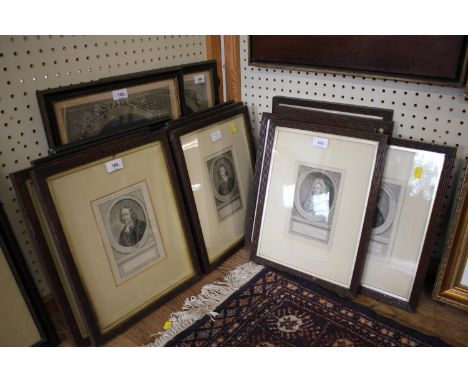 A collection of portrait engravings, including a pair dedicated to the Duke of Chatres, Garrick and his wife (after William H