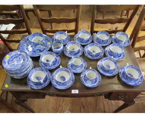 Spode Italian pattern tea wares, including 12 cups and saucers, two coffee cups and saucers, 17 various side plates, and two 