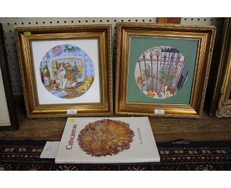 K. Celia Wood,No Greater Honour,and We Could Manage,oil on board, both framed, 24 x 24cmwith book 'Catscanvas' by K. Celia Wo