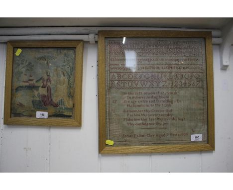 A 19th century needlework panel depicting the finding of Moses, 23 x 21 cm and a sampler dated 1834 with two verses of poetry