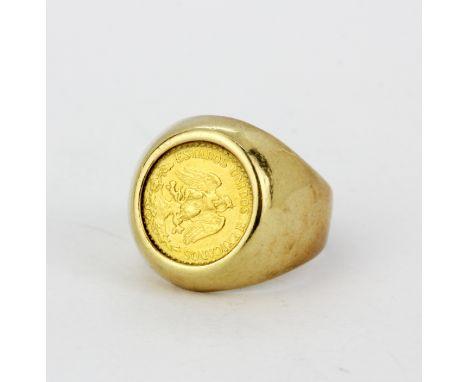 A yellow metal (tested 9ct gold) mounted Dos Pesos Mexican gold coin ring (M.5), approx. 6gr.