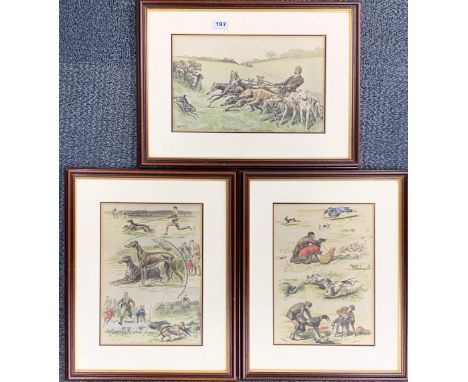 A framed original Louis Wain print of greyhounds with two further by O. S. Wain and R. H. Moore greyhound prints, frame size 