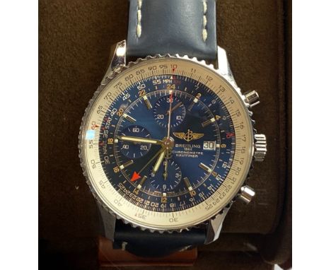 A gent's navy blue dial Breitling automatic wristwatch 1884 chronometer navitimer, dial Dia. 4.5cm. With box and papers.