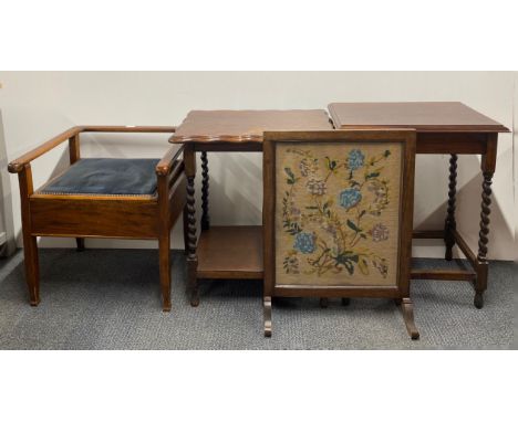 Two barley twist oak side tables, a fire screen and piano stool.