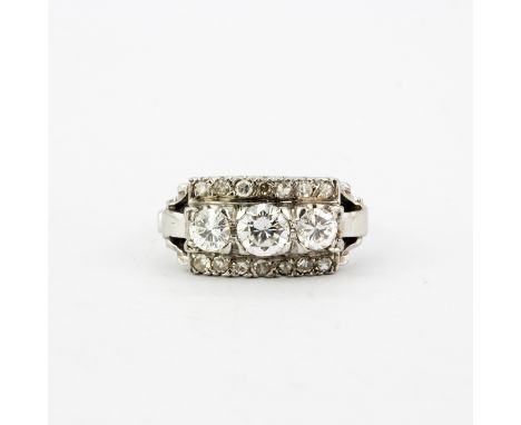 A white metal (tested 18ct gold) ring set with brilliant cut diamonds, estimated 1ct overall, shank a/f.