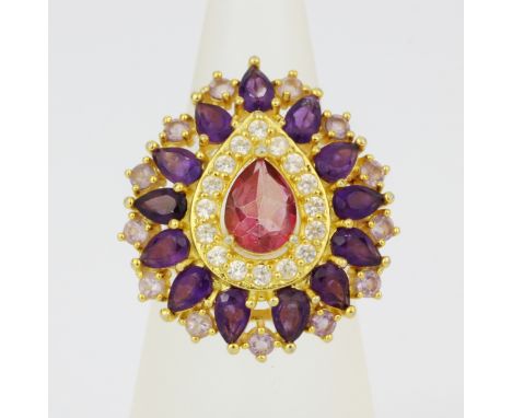 A gold on 925 silver cluster ring set with pink topaz and amethysts, (NM.5).