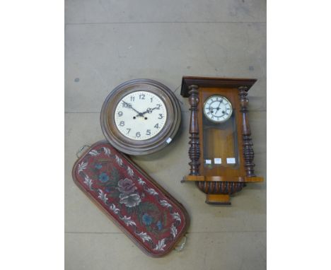 A walnut Vienna wall clock, a beech circular wall clock and beadwork clock stand