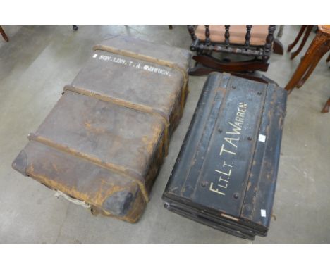 A WWII RAF tin trunk, named Sqn. Ldr. T.A Warren (263 squadron) and a steamer trunk