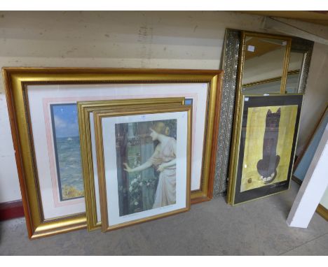 A Walter Lindner monotype print of a cat, three other prints, two mirrors, table lamp and a brass standard lamp