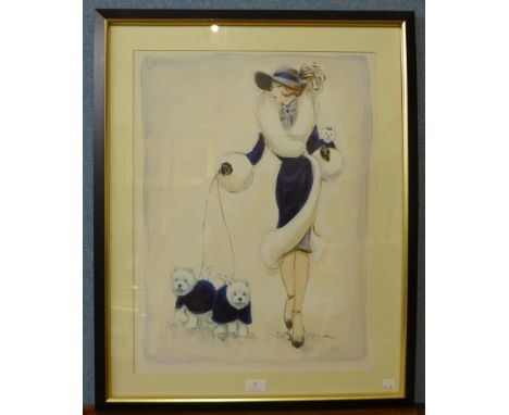 A Karen Dupree print, portrait of an Art Deco lady walking West Highland Terriers, 60 x 45, framed 