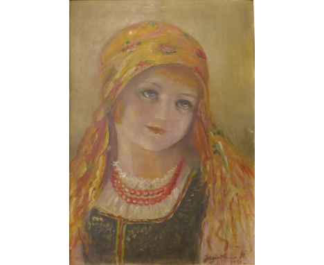 Eastern European School, portrait of a gypsy girl, oil on board, indistinctly signed, 46cms x 32cms, framed 