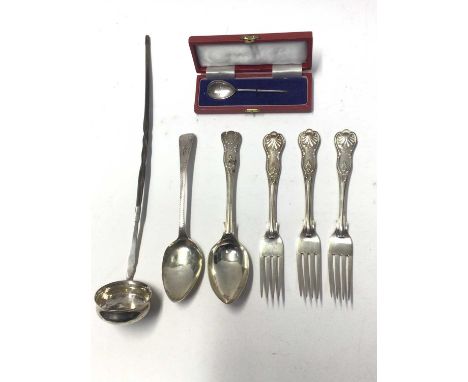 Three silver King's pattern forks, together with a silver King's pattern table spoon, a silver toddy ladle and other silver f