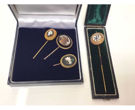 Group of four 19th century Italian stick pins to include two micromosaic stick pins, carved hardstone cameo stick pin and a p