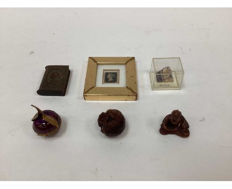 Sundry items, including two boxwood netsuke, a framed penny black stamp, a Limoges enamel cherry box, a Queen Victoria vulcan