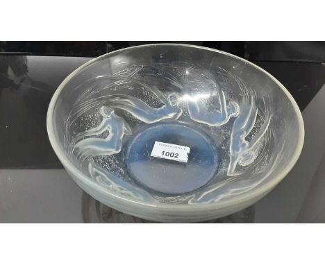 Rene Lalique Ondines pattern opalescent glass bowl, moulded with six nude female figures, signed, 20.5cm diameterCouple of sm