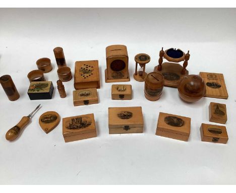 Group of Mauchline ware, late 19th/early 20th century, including boxes, pocket watch holder, egg timer, money boxes, etc