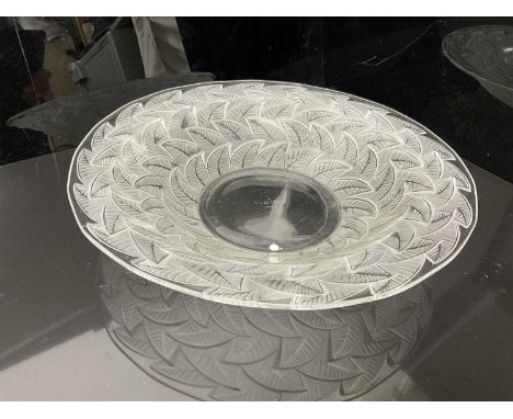 Rene Lalique glass bowl with moulded leaf decoration, signed on base, 31.5cm diameterScratching to the base (top and bottom) 