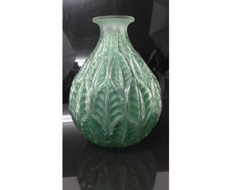 Rene Lalique Malesherbes pattern vase in emerald green, signed on base, 23cm highSome light scratching to the base but otherw