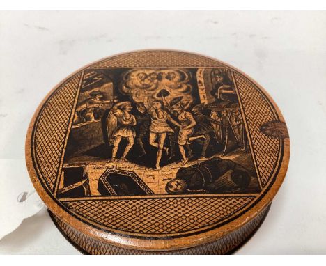 Rare Victorian Mauchline ware snuff box, with a penwork titled scene from the 'Tam O'Shanter', 9cm across