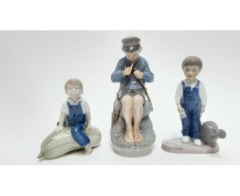 Three Royal Copenhagen porcelain figures - boy on marrow, numbered 4539, bow with watering can, numbered 2546 and boy sharpen