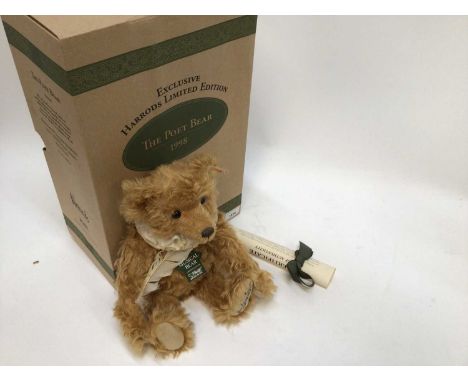 Steiff 1998 Poet bear 653186, Teddy Bears in Motorboat 037405, Jack in the Box 037818 and 2001 Musical Bear 670961. All boxed